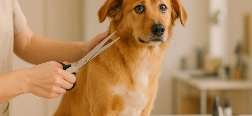 Грумер стрижёт собаку спокойно