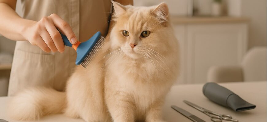 Грумер вычёсывает кошку