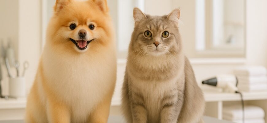 Собака и кошка после груминга