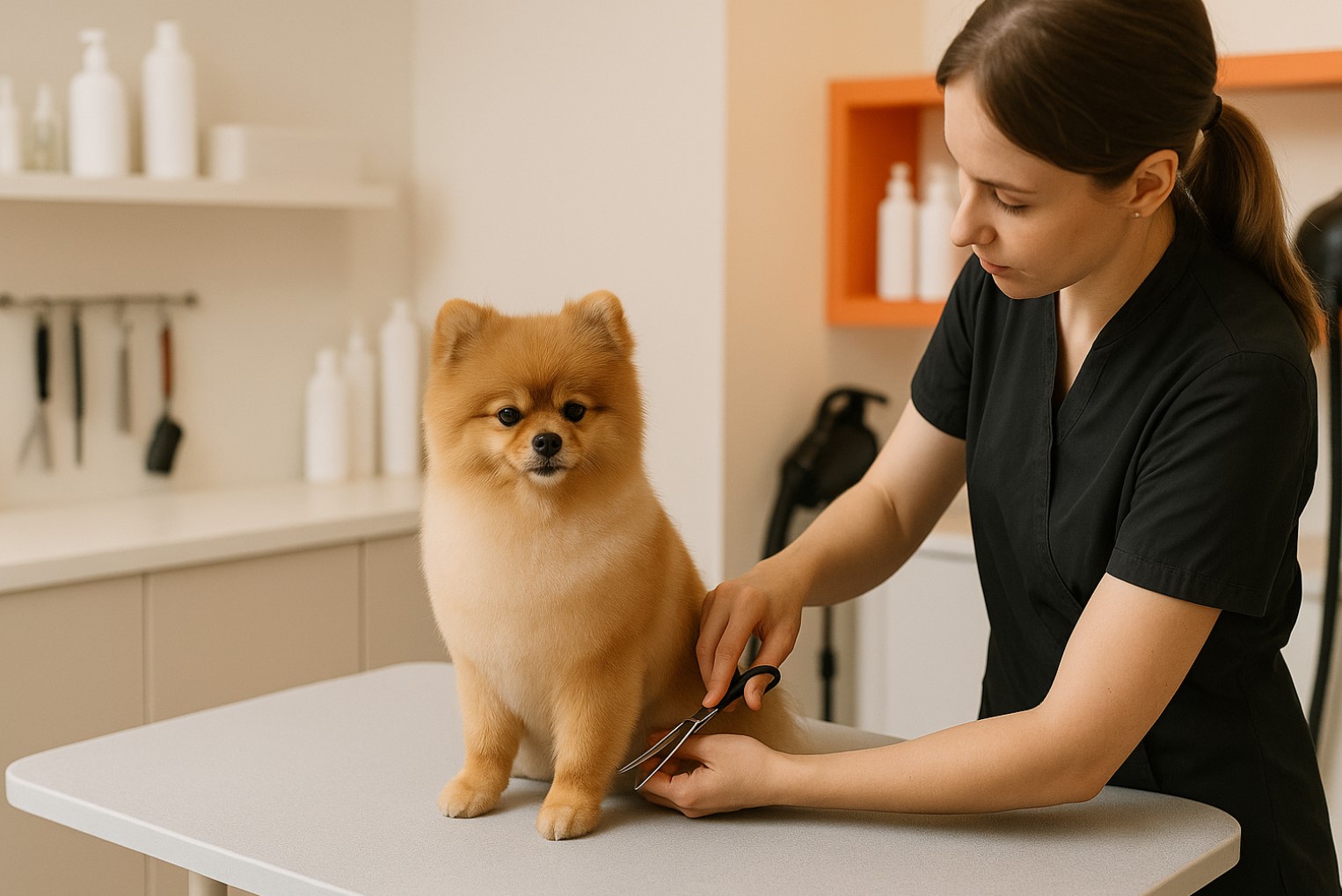 Грумер заботливо ухаживает за собакой в салоне LapaGrum